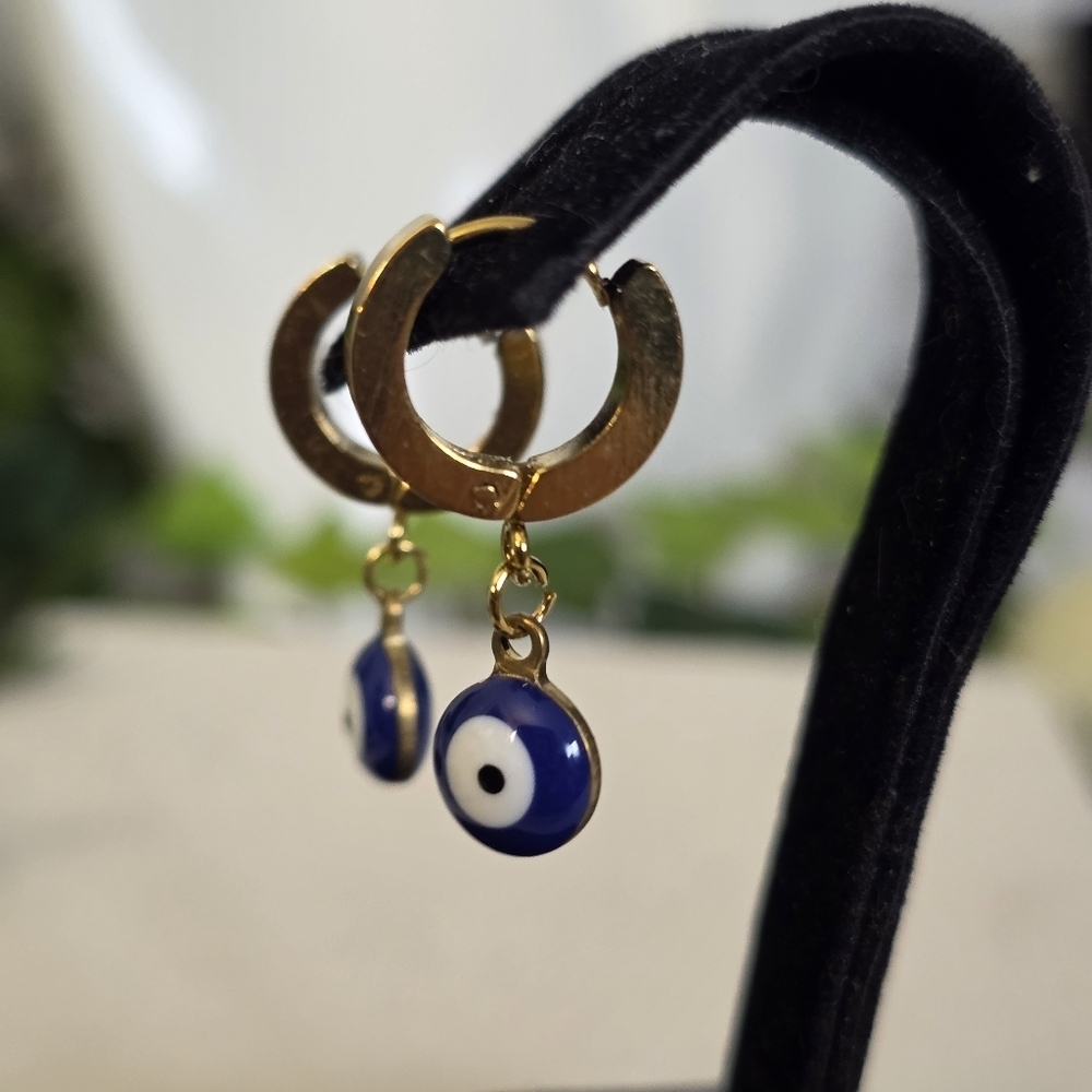 Gold Stainless Steel Huggie Hoop Earrings with Evil Eye Charm - Picture 5 of 17